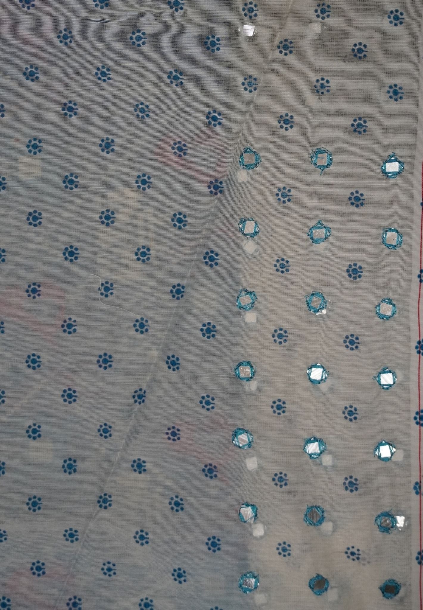 Supernet Kota Cotton Saree-Sky blue with Mirror Work