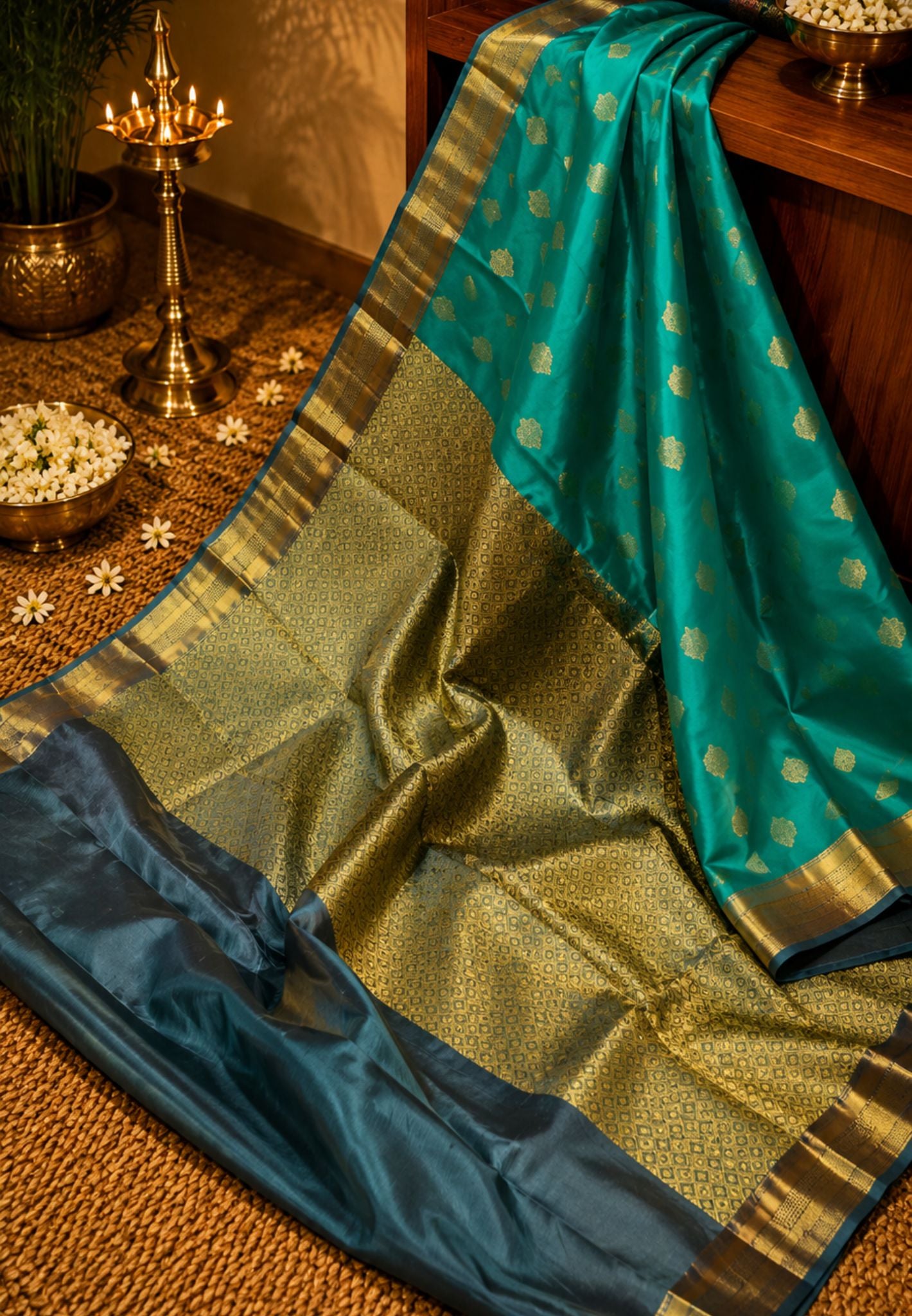 Pure Kanchipuram Silk Saree-Ramar Green with Zari Motif