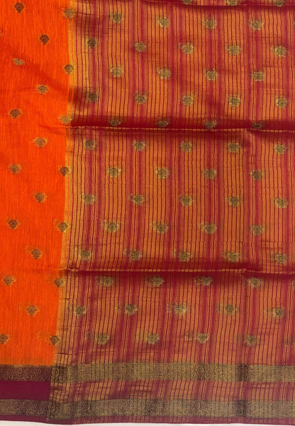 Soft Jute Saree-Orange-Wine With Rettapet Border