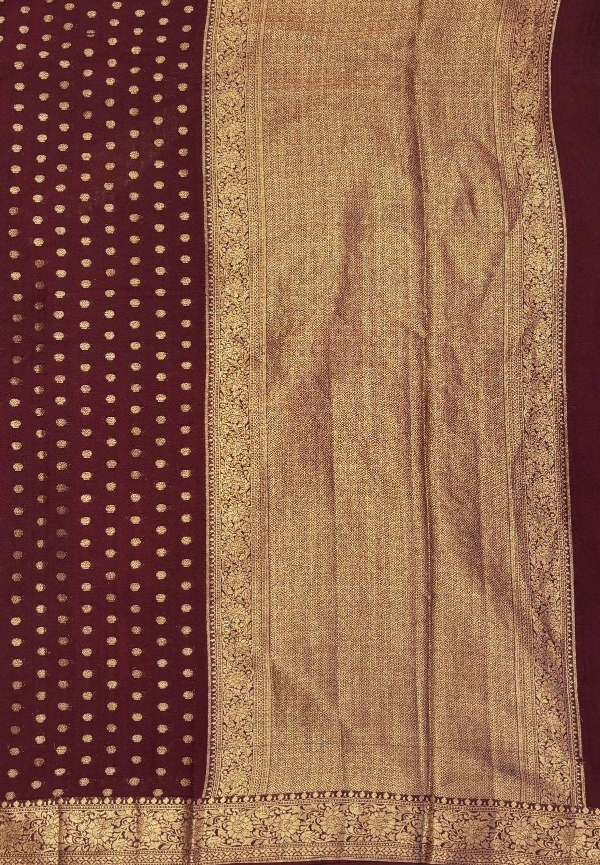 Banarasi Georgette Saree-Brown with Mini Leaf Butta and Zari Border