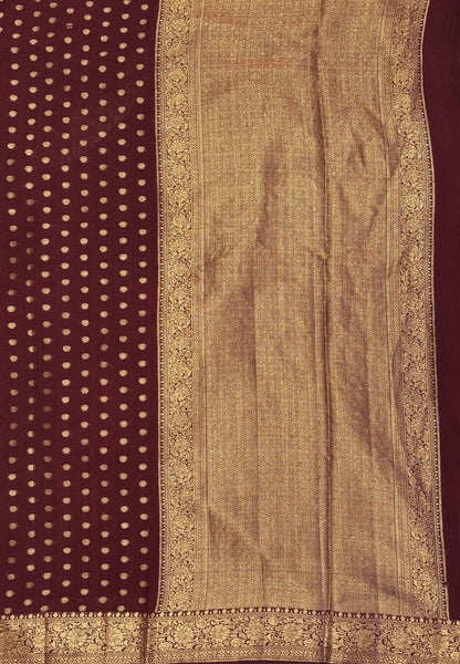 Banarasi Georgette Saree-Brown with Mini Leaf Butta and Zari Border