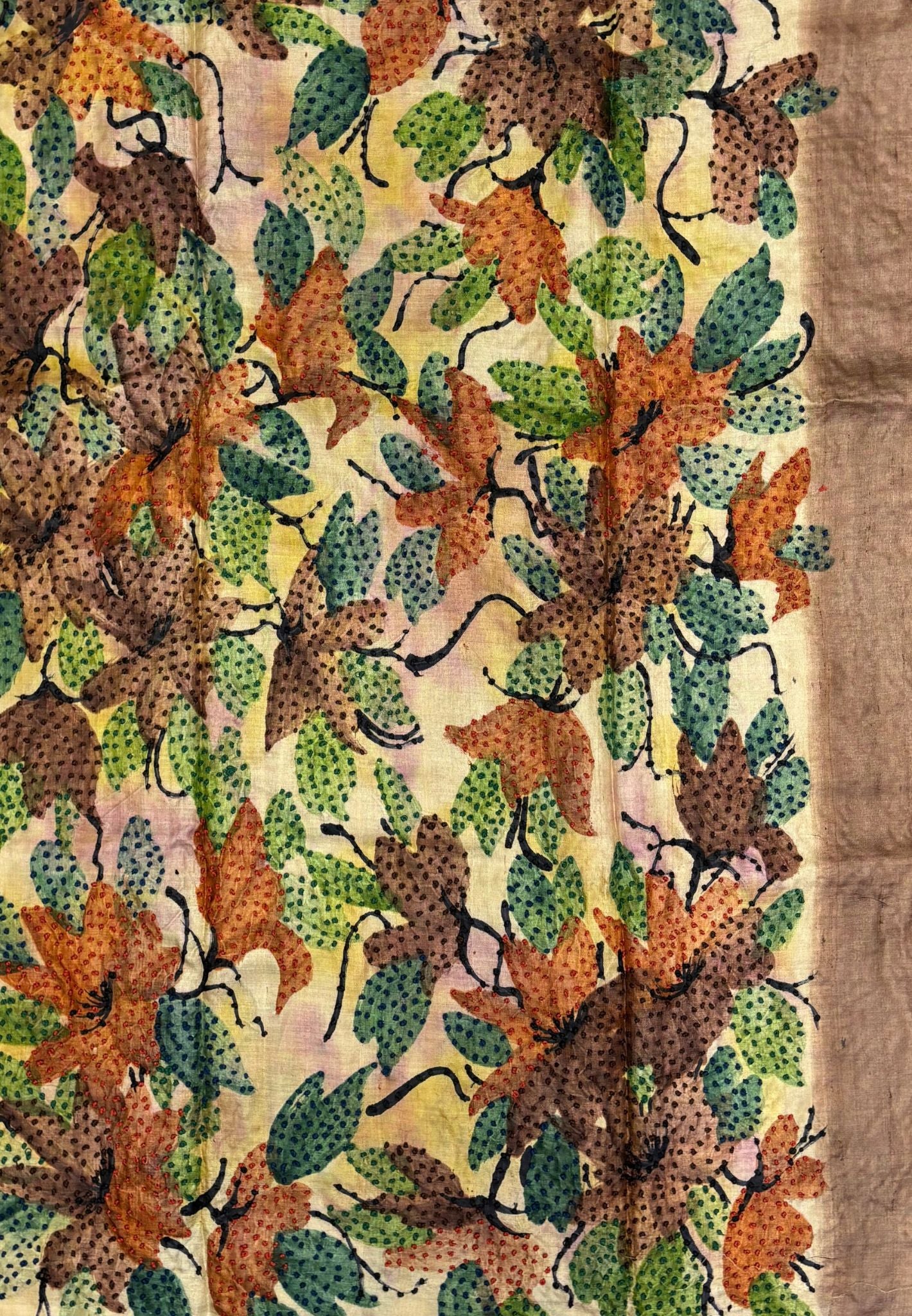 Pure Tussar Saree-Brown In Stripe French Knot Border