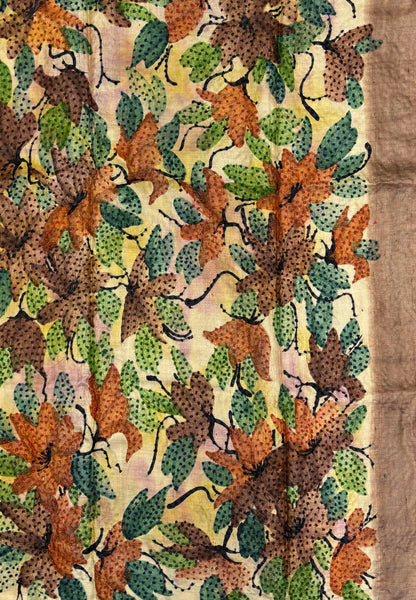 Pure Tussar Saree-Brown In Stripe French Knot Border