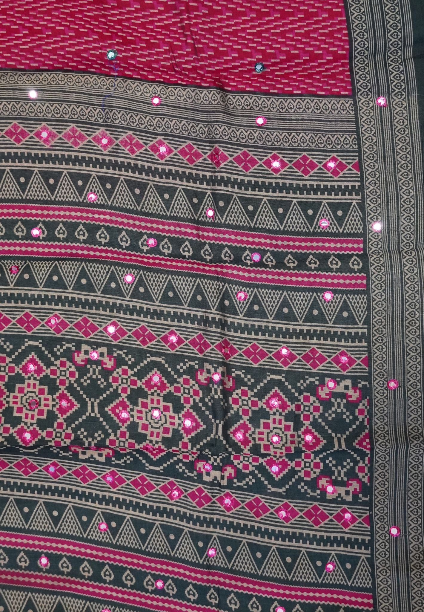 Malai Cotton Mirror Work Saree-Pink