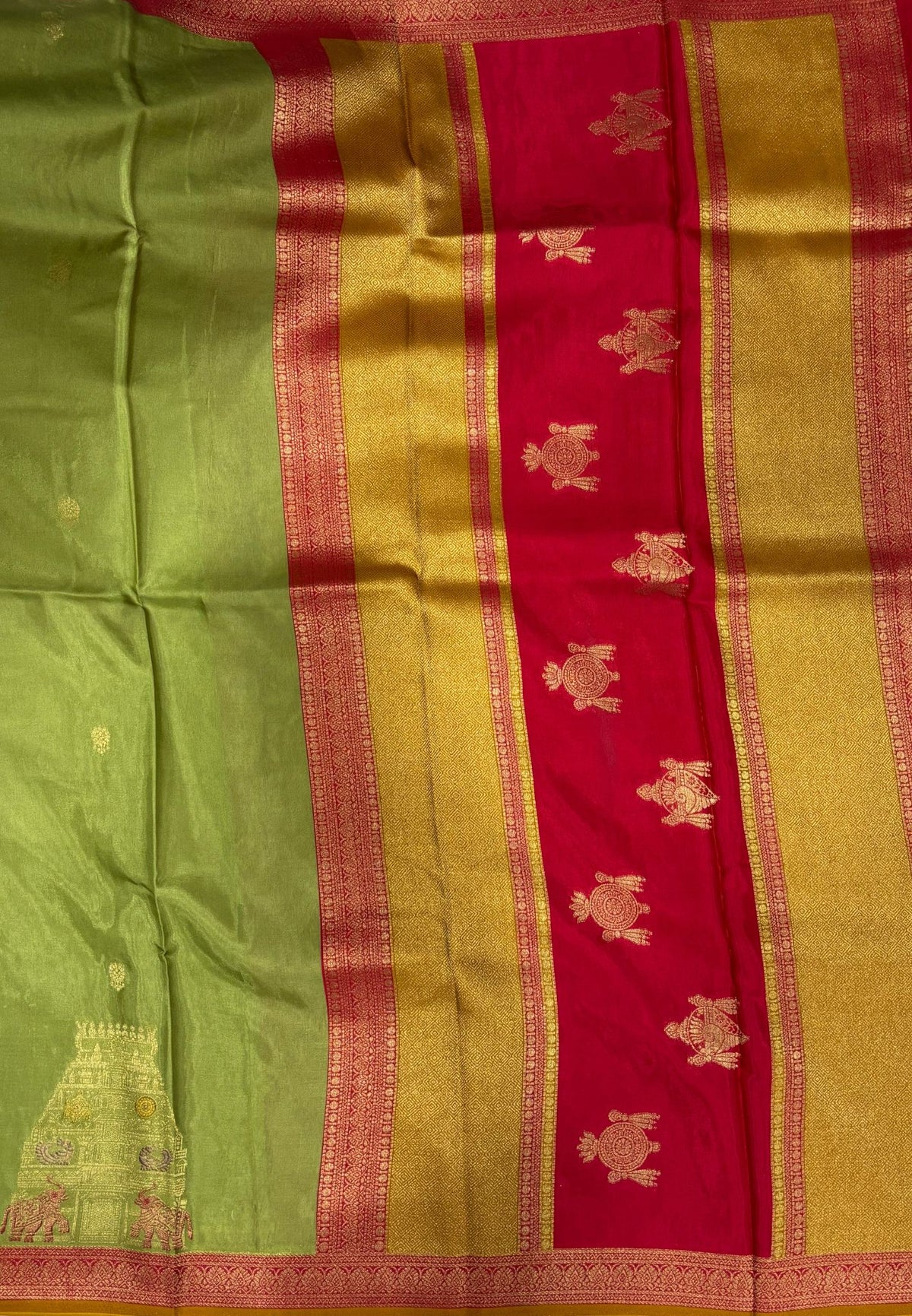Art Mysore Silk Saree-Light Olive Green with Rajagopuram Zari Border