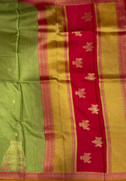 Art Mysore Silk Saree-Light Olive Green with Rajagopuram Zari Border