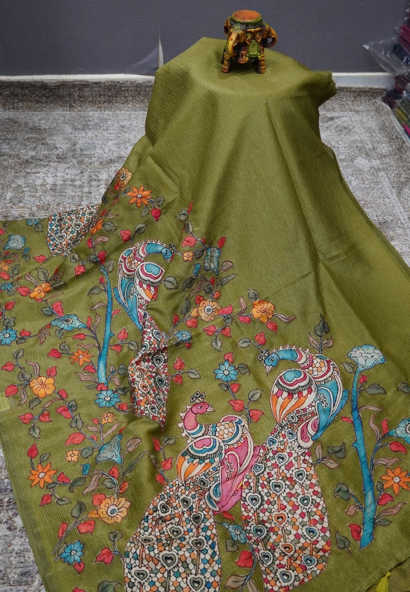 Crush Tissue Saree – Olive Green Peacock Print