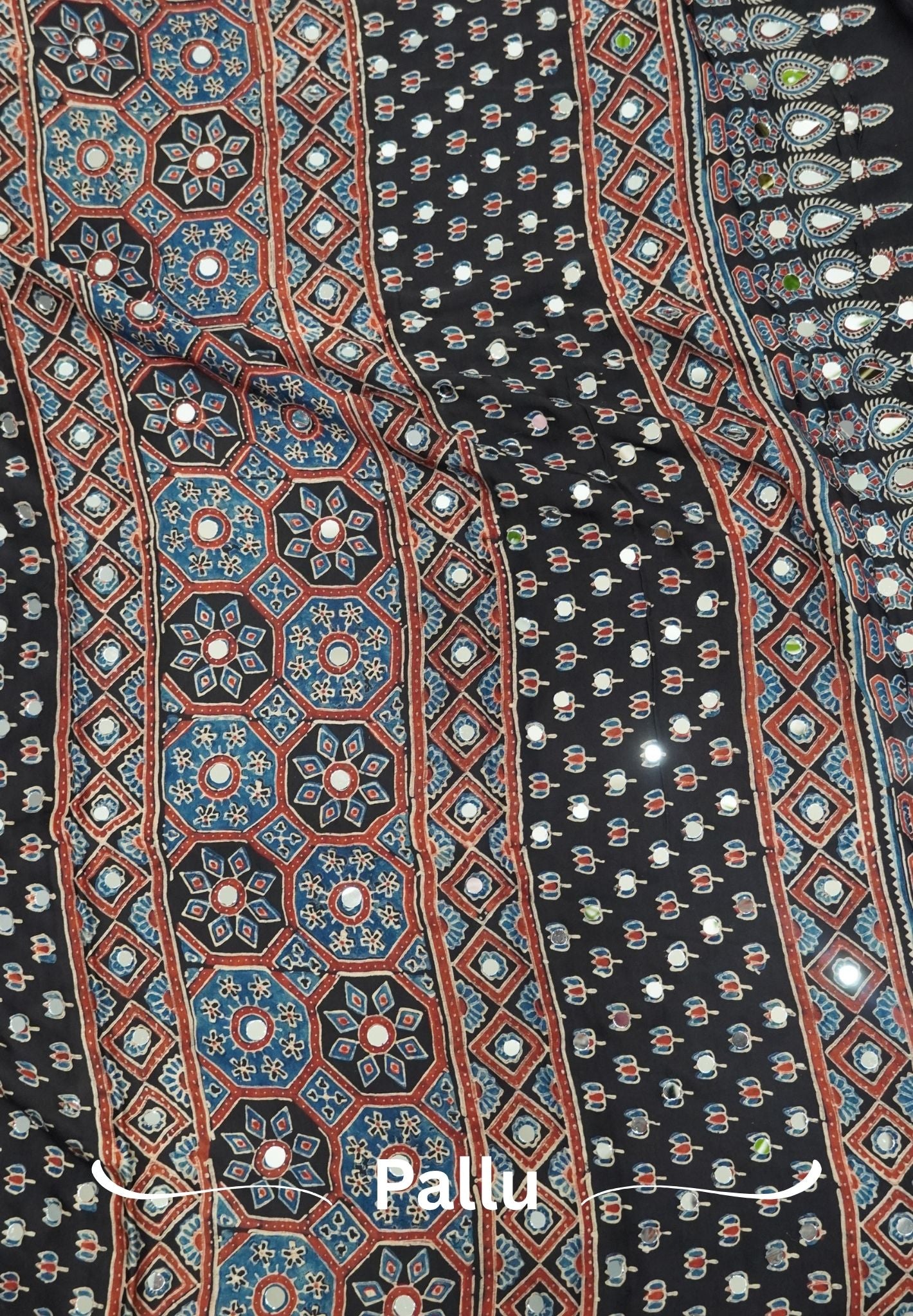 Pure Modal Silk Saree-Original Mirror Work & Ajrakh Printed Motifs