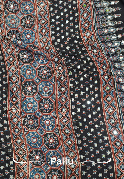 Pure Modal Silk Saree-Original Mirror Work & Ajrakh Printed Motifs