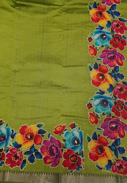 Pure Mangalgiri Silk Saree-Light Green in Tanjore Print with Aplique Work