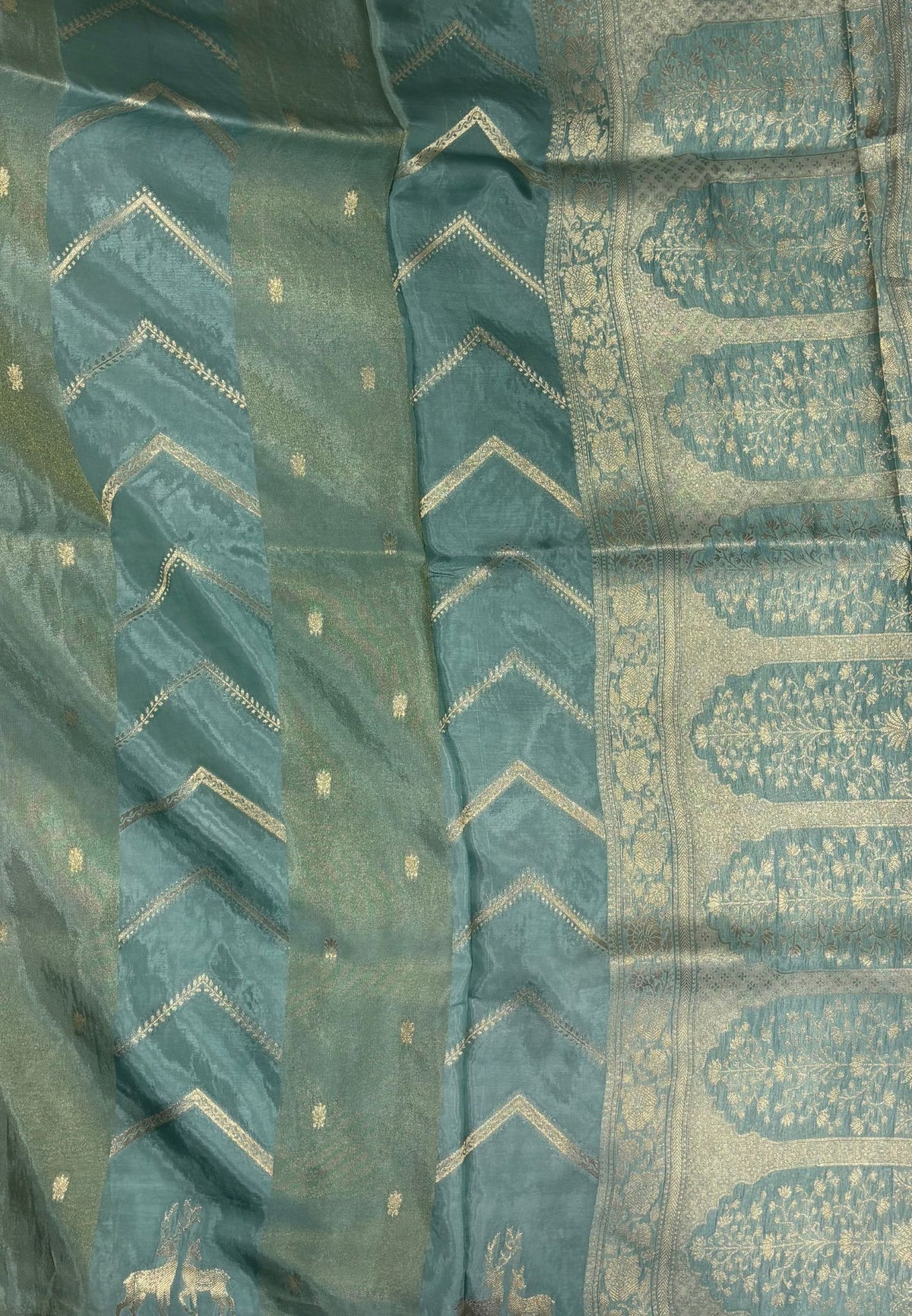Banarasi Crepe Saree-Sea Blue In Deer Motif Zari Border