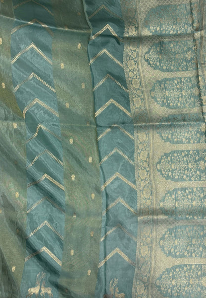 Banarasi Crepe Saree-Sea Blue In Deer Motif Zari Border