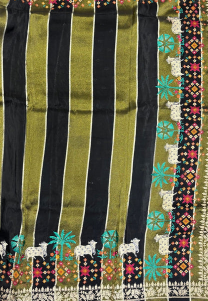 Satin Crepe Saree-Black In Komatha Floral Border