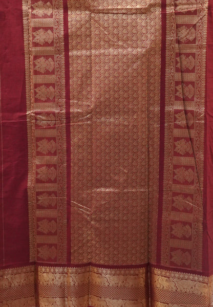 Chettinad Cotton Saree-Maroon With Elephant & Geometric Zari Border
