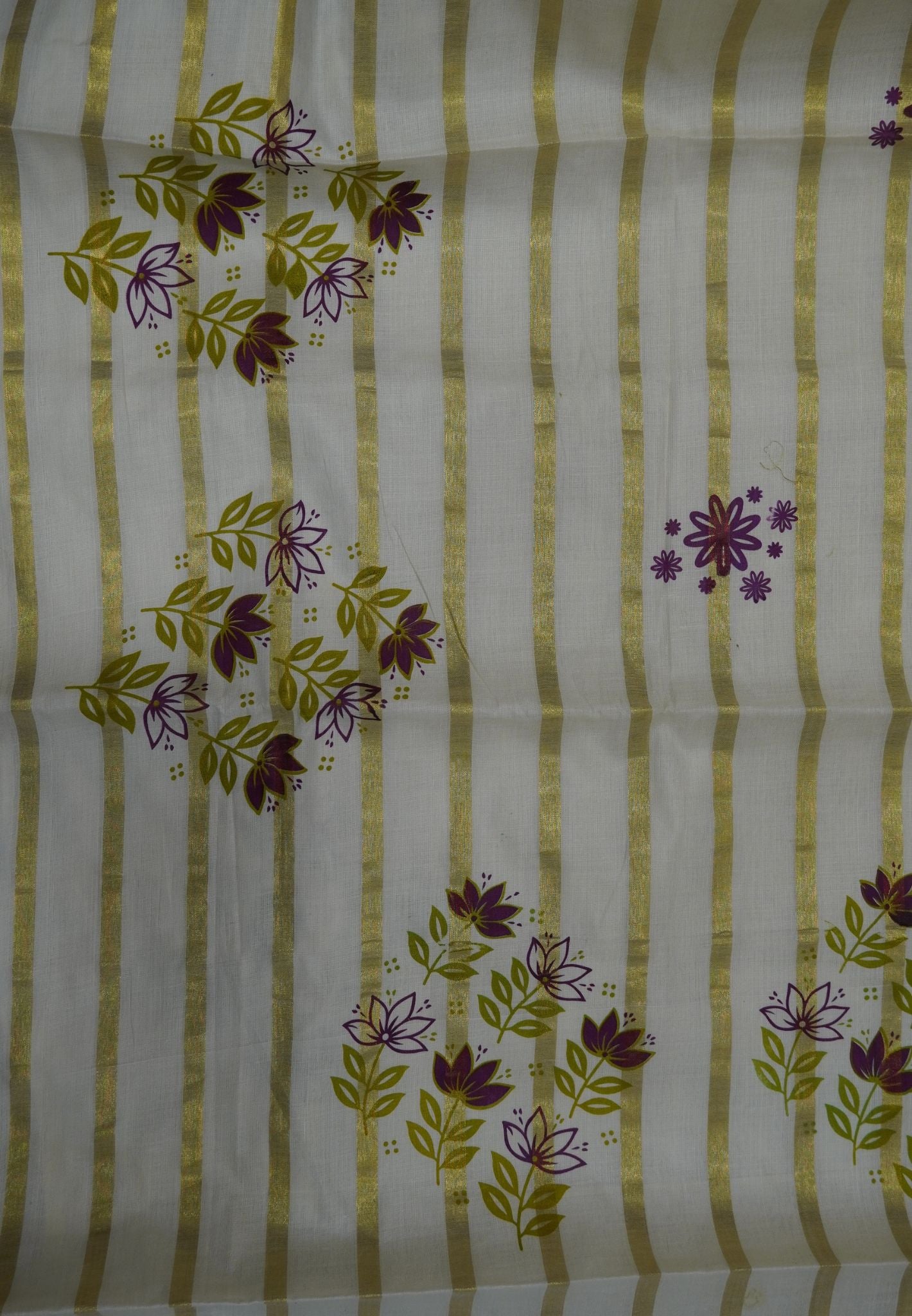Cotton Saree – Off White with Golden Zari Stripes and Floral Print