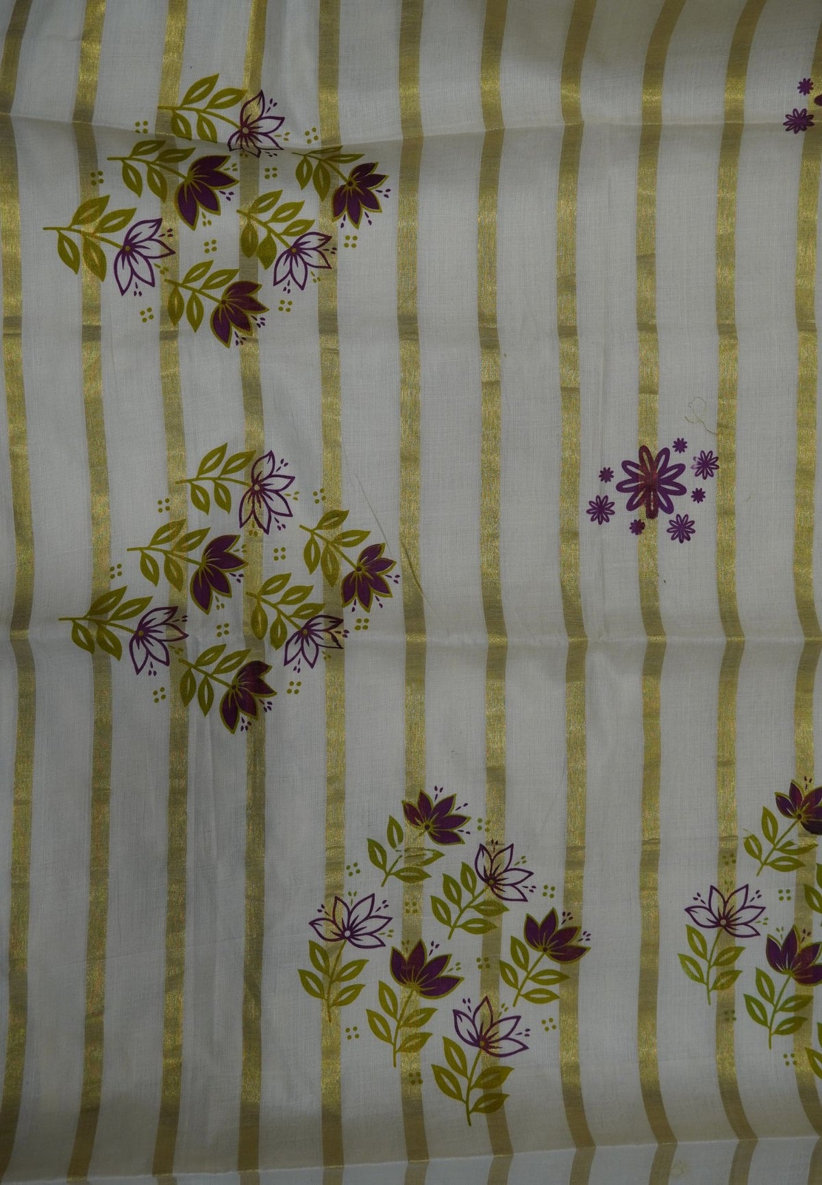 Cotton Saree – Off White with Golden Zari Stripes and Floral Print