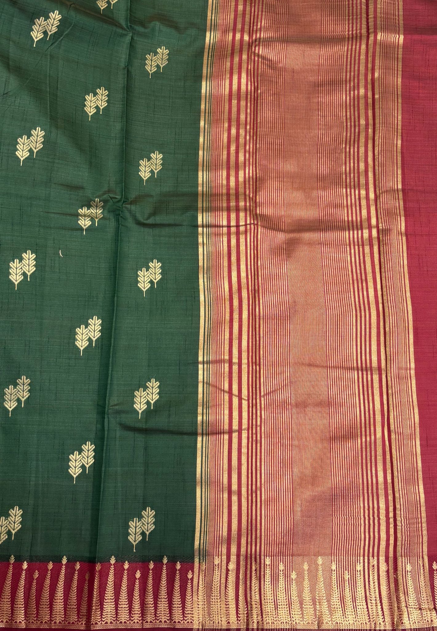 Semi Tussar Saree-Green in Traditional Striped Zari with Contrast Border