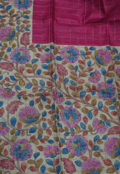 Semi Tussar Saree-Dark Pink