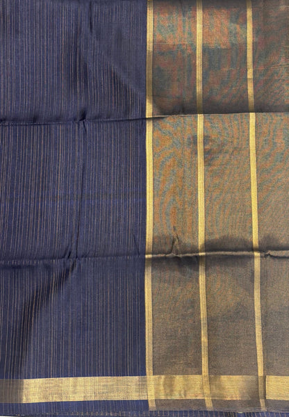 Matka Tussar Saree-Elegant Handwoven Saree with Navy Blue in  Fine Zari Stripes