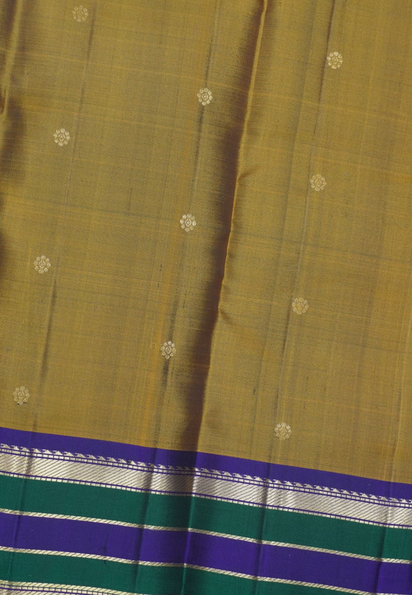 Pure Kanchipuram Silk Saree- Gold Small Butta with Contrast Border