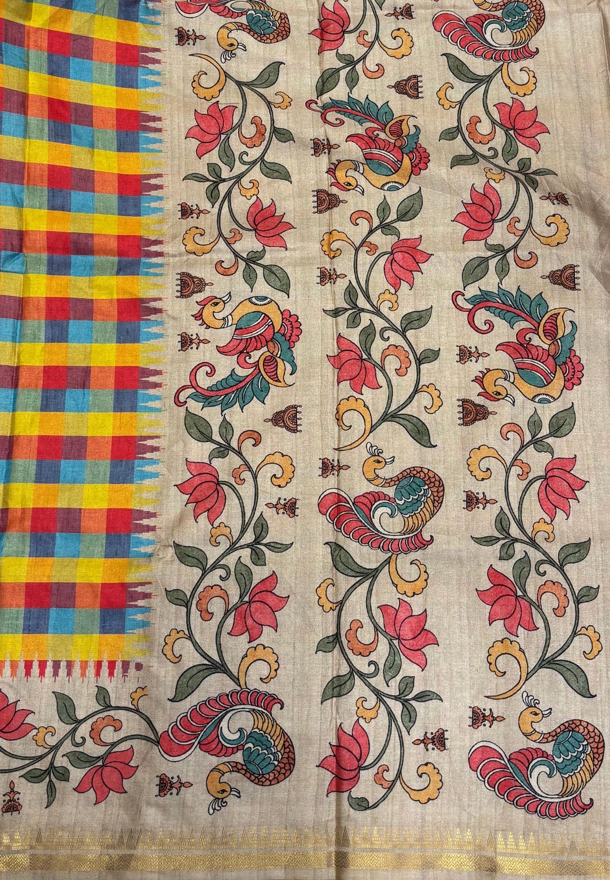 Semi Tussar Saree-Red in Madras Checks with Peacock Floral Border