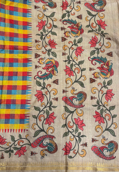 Semi Tussar Saree-Red in Madras Checks with Peacock Floral Border