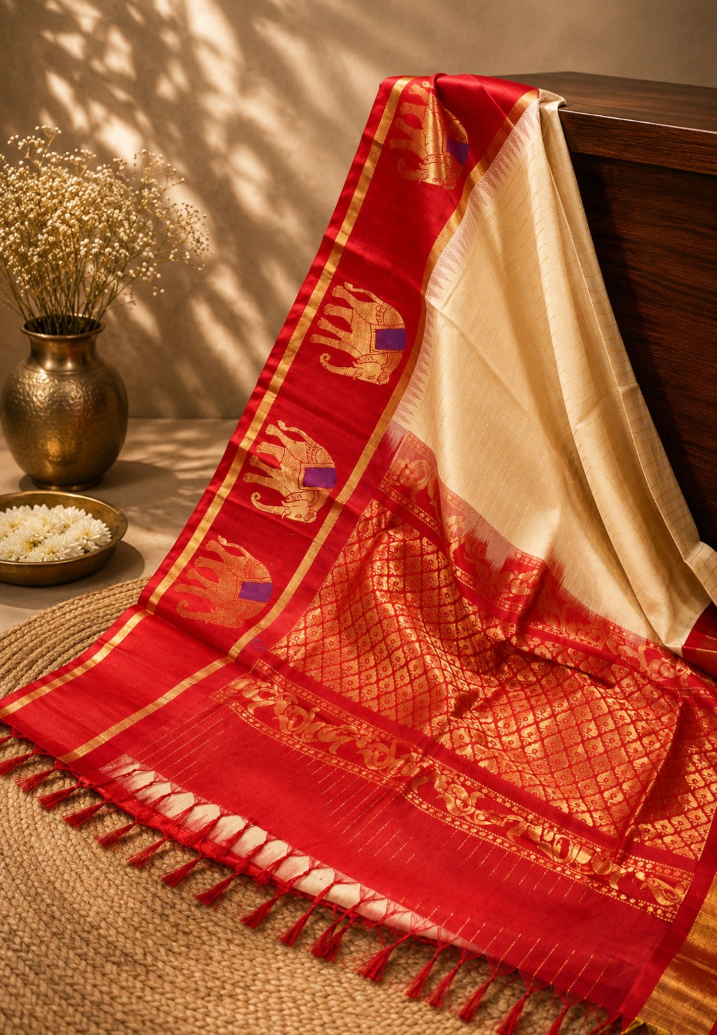 Silk Cotton Saree-Sandal with Red Elephant Zari Border