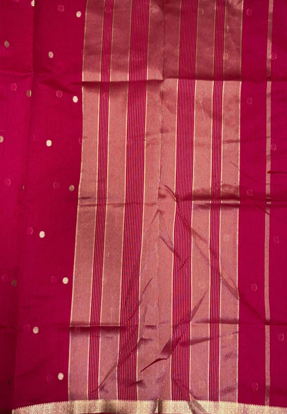 Semi Maheswari Saree-Rani Pink In Multi-Stripe Zari Border