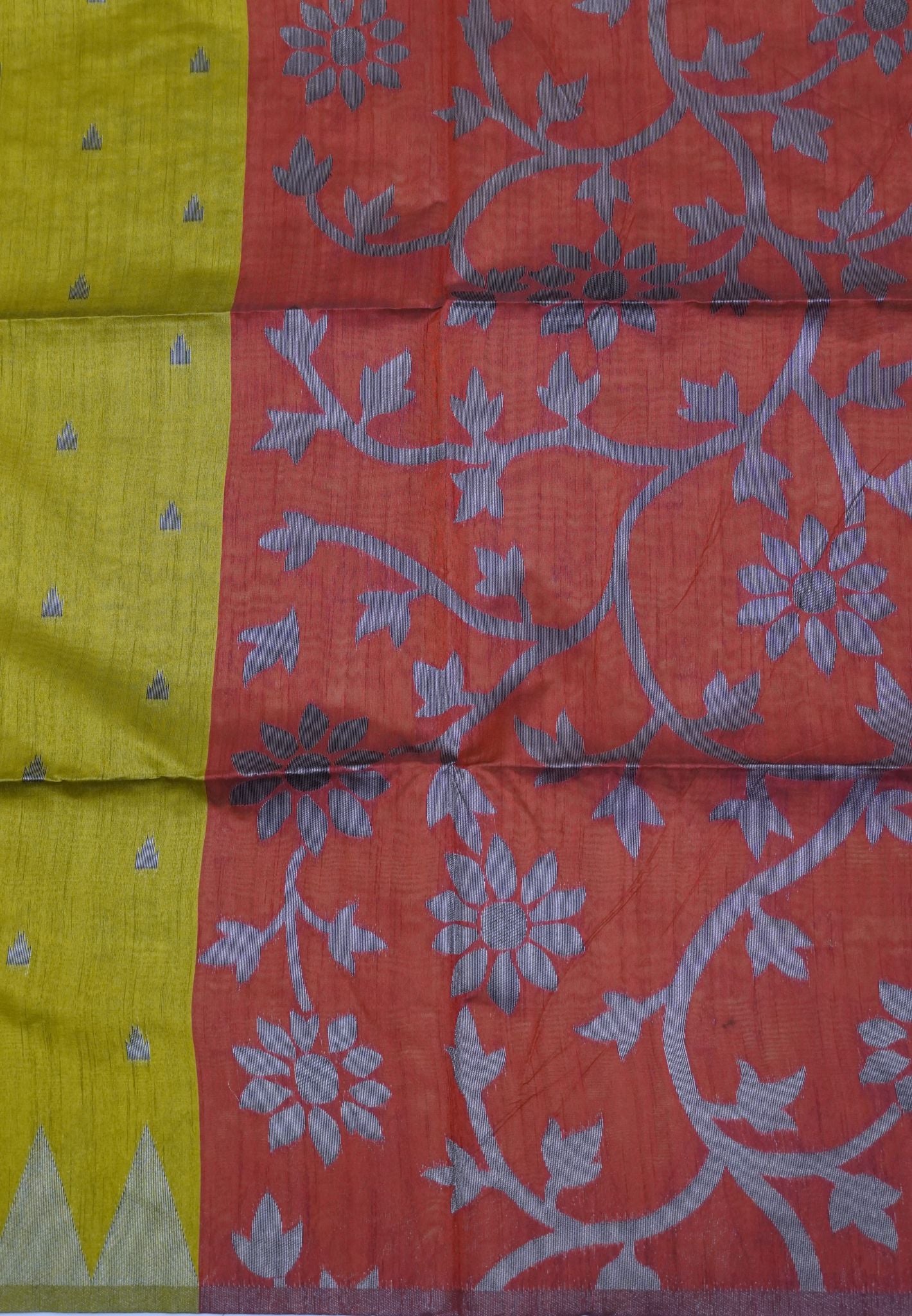 Semi Raw Silk Saree-Mustard in Antique Silver Zari Butta with Tower Border
