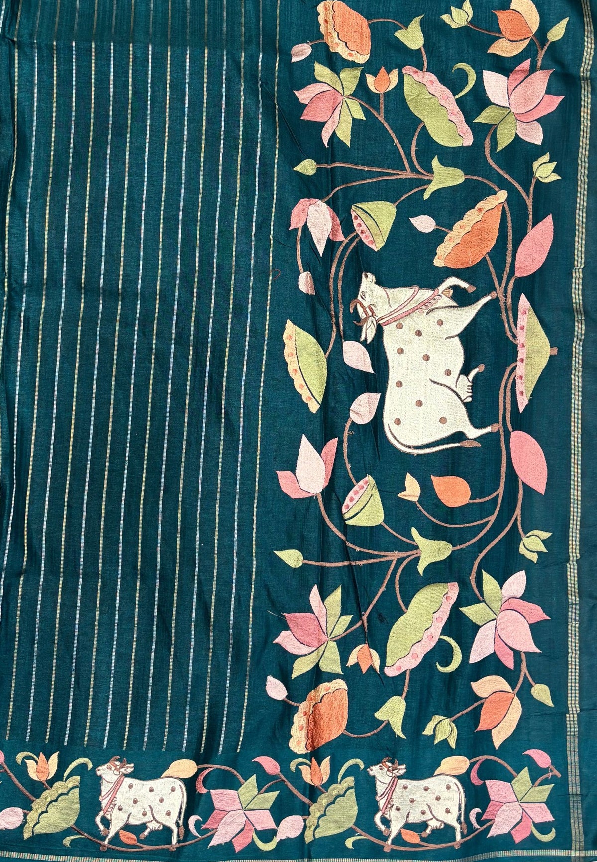 Tussar Saree-Peacock Green with Zari Stripes in Pichwai Embroidery Border
