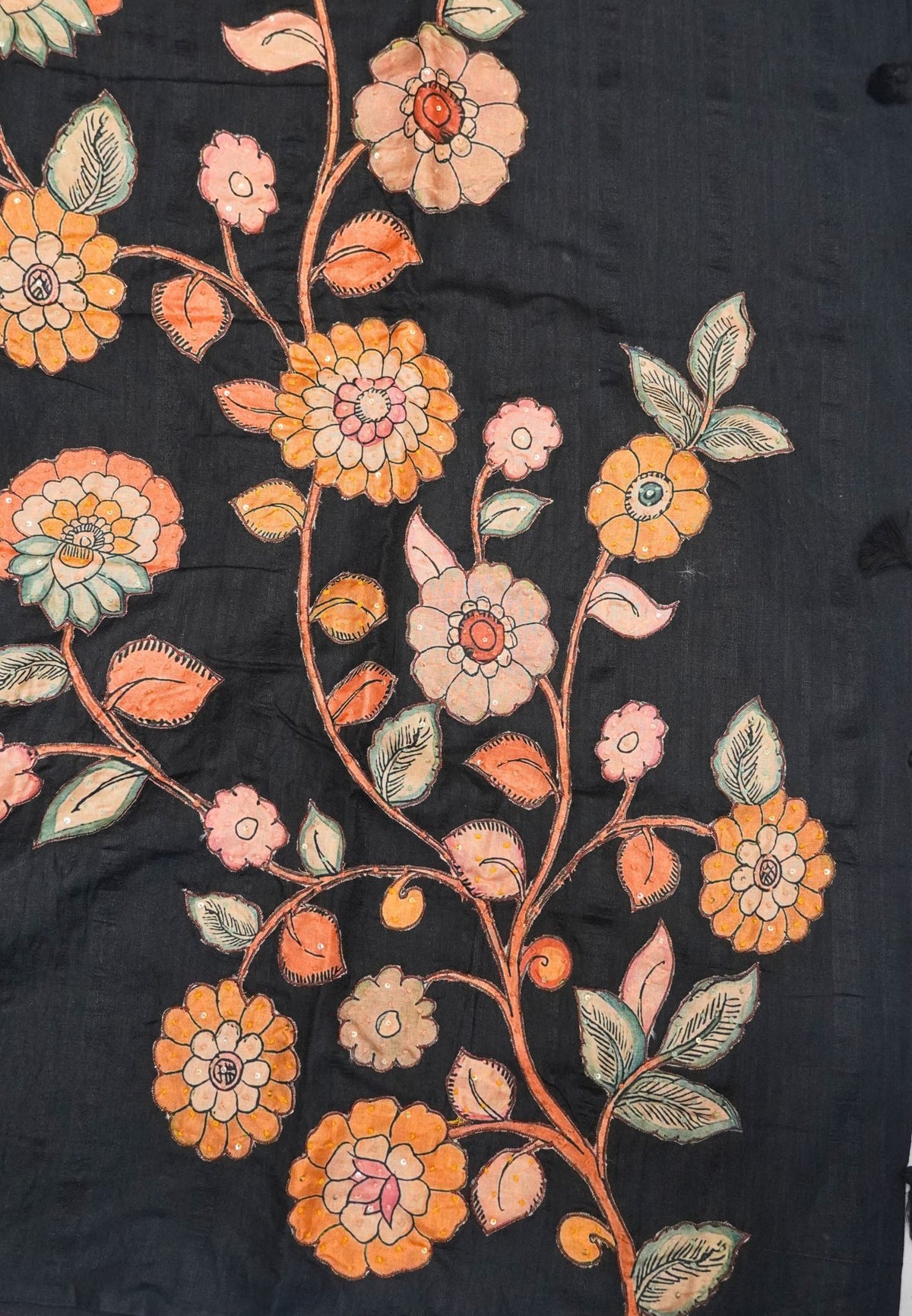 Semi Raw Silk Saree - Black With Floral Hand-Painted Designs