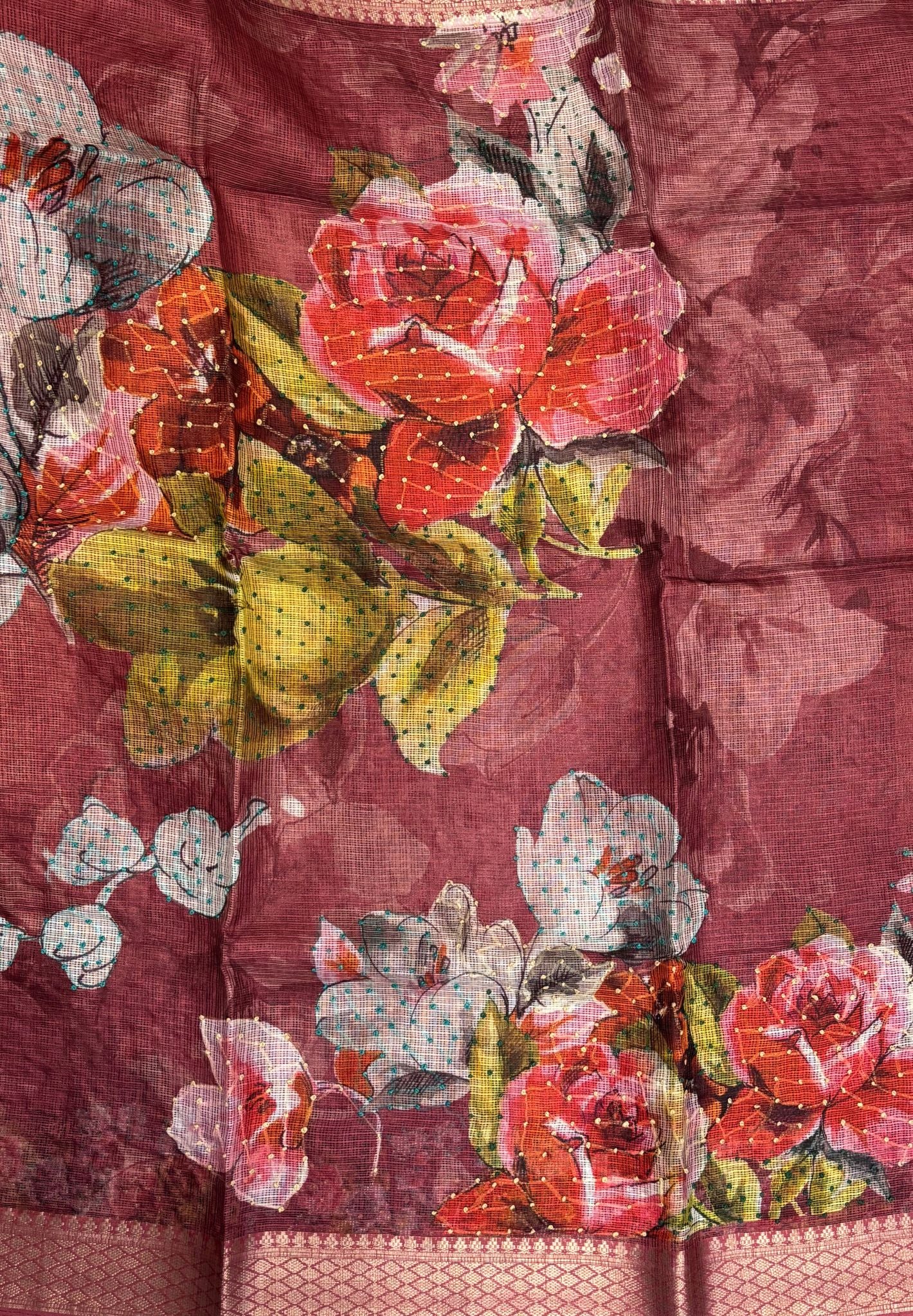 Kota Saree-Dusky Rose In French Knot Floral Border
