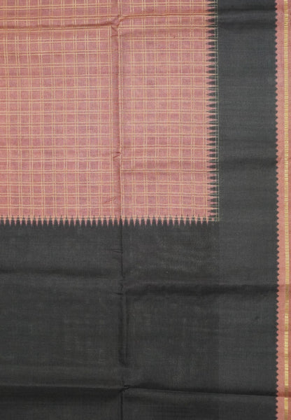 Semi Matka Tussar Saree-Onion Pink with Contrast Border and Zari Checks