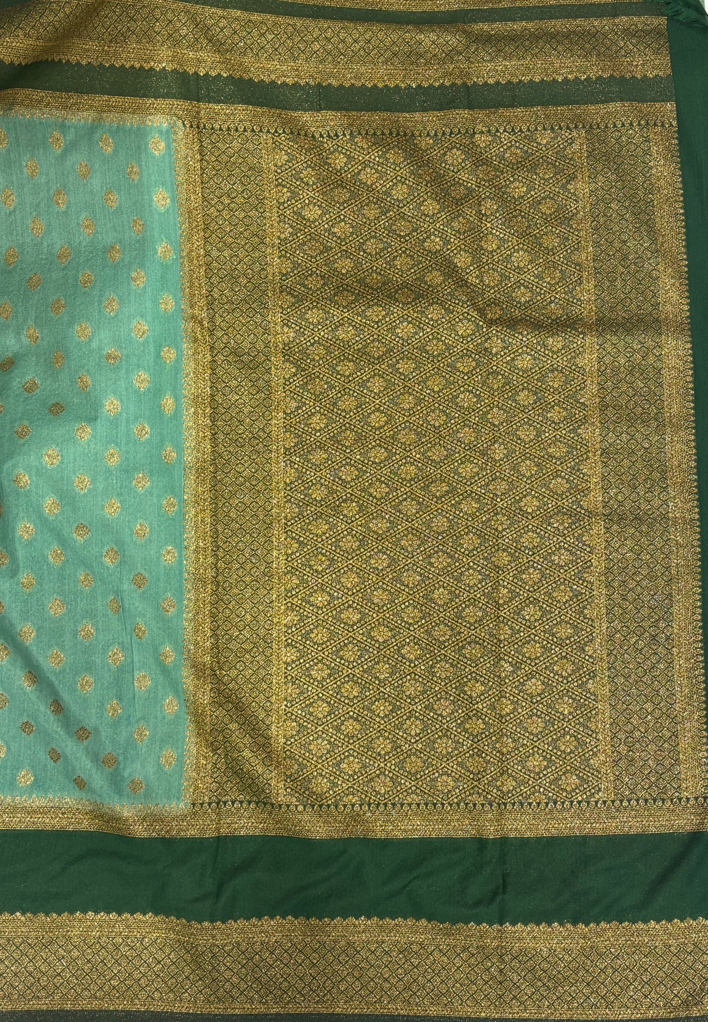 Banarasi Crepe Saree-Metallic Green in Mini Zari Butta with Retepet Border