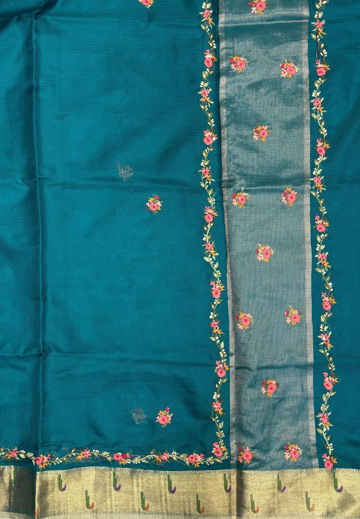 Kota Saree-Peacock Green In Floral Zari Vine Border