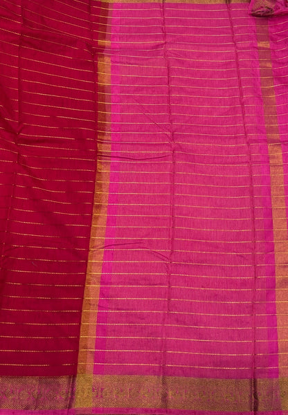Semi Raw Silk Saree-Rani Pink in Zari Lines with Contrast Annam Border
