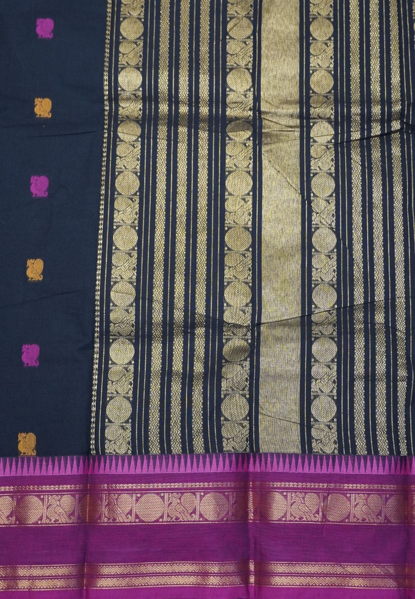 Chettinad Cotton Saree–Black-Pink with Heritage Zari Border