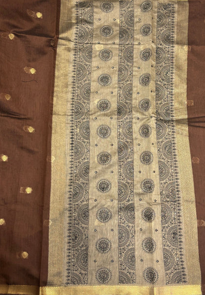 Handloom Cotton Saree-Brown in Mini Chakra Zari Border