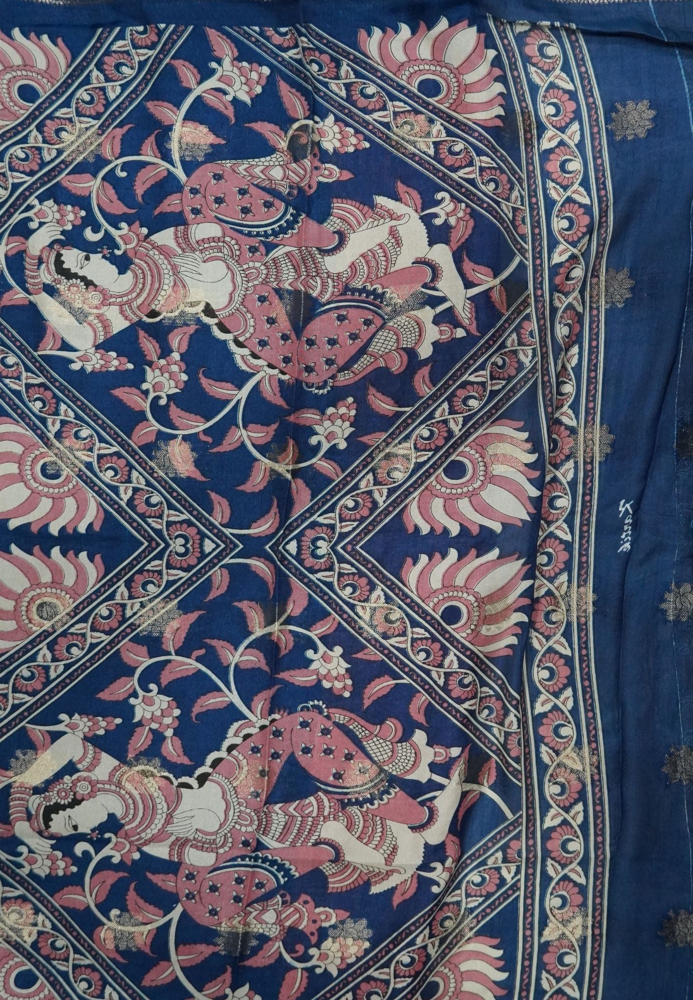 Dola Saree with Checks and Contrast Border- Pink - Peacock Blue