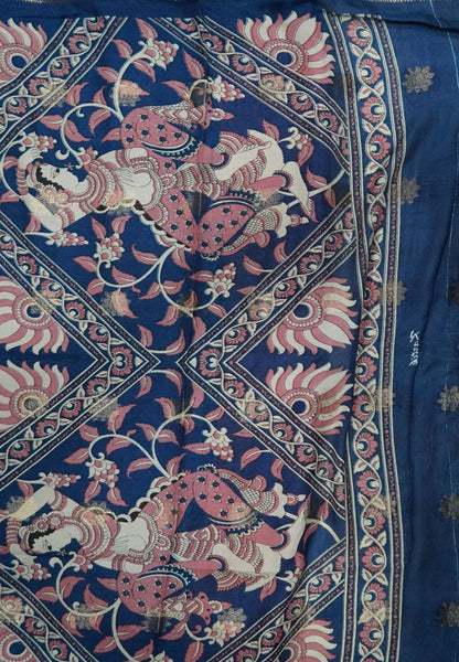 Dola Saree with Checks and Contrast Border- Pink - Peacock Blue