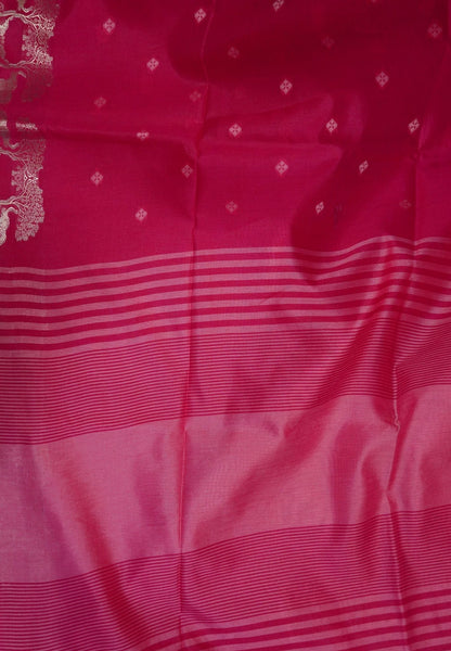 Raw Silk Saree-With Tree and Elephant-Rani Pink