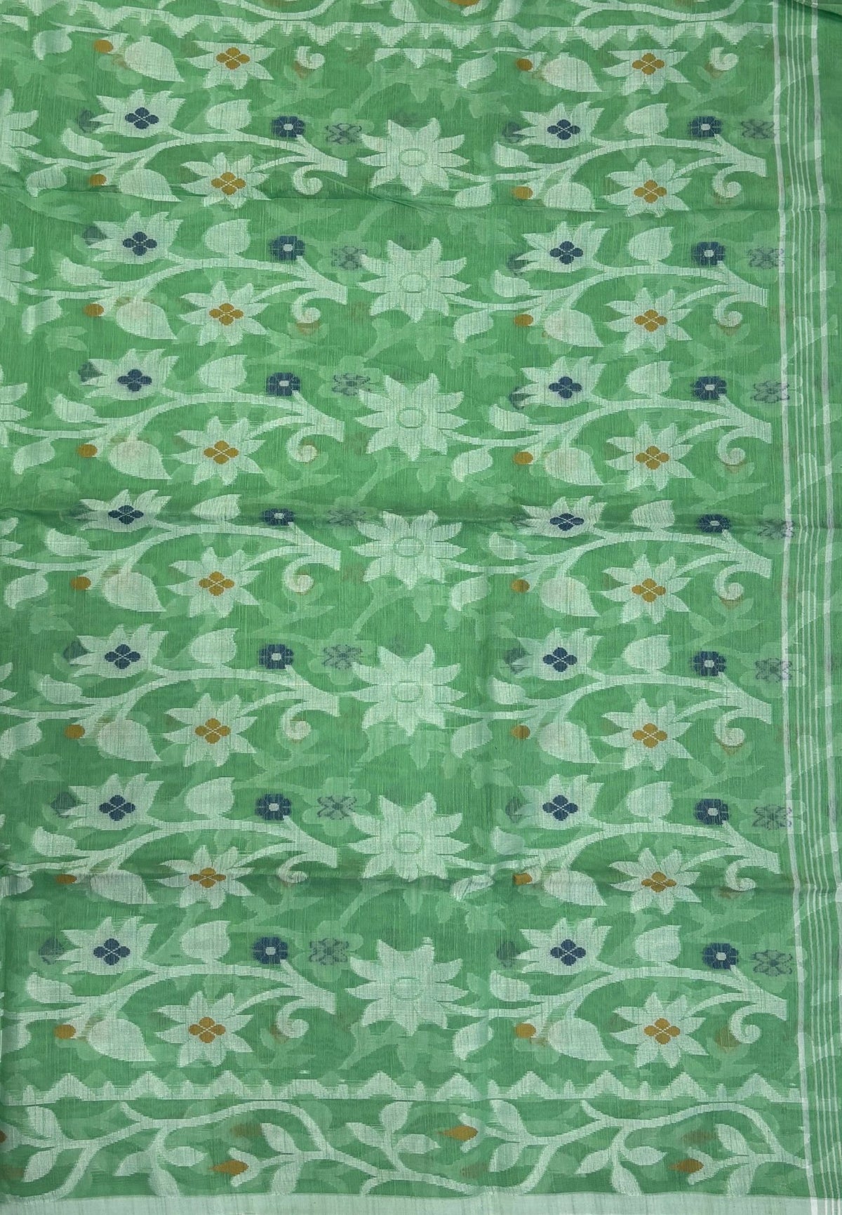 Dhakai Jamdhani Cotton Saree-Teal Green In Floral Vine Zari Border