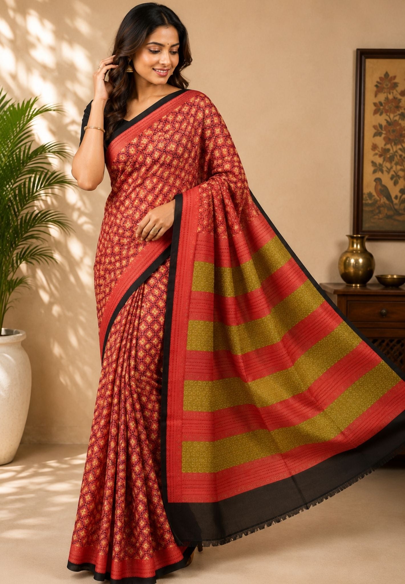 Pure Tussar Saree-Red in Mini Floral Pattern