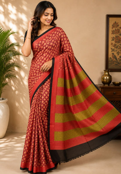 Pure Tussar Saree-Red in Mini Floral Pattern