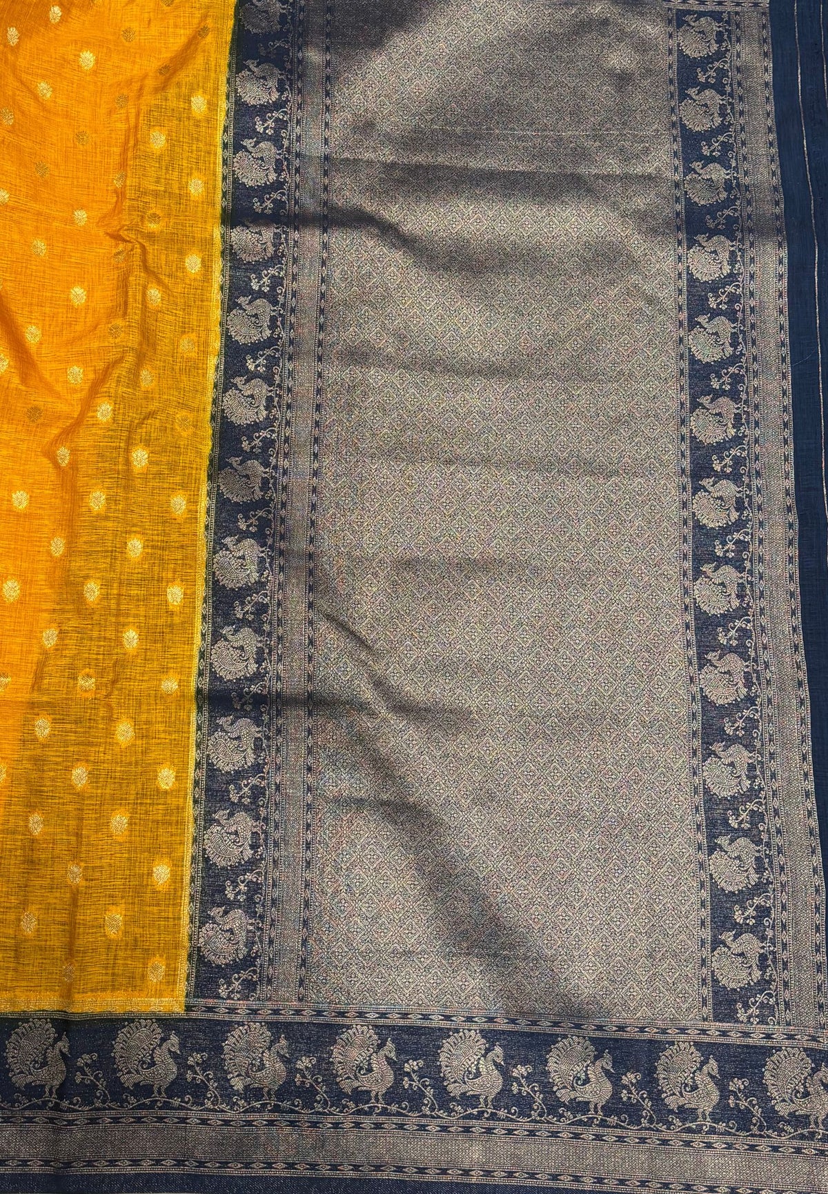 Tussar Linen Saree-Tumeric in Traditional Peacock Floral Zari with Contrast Border