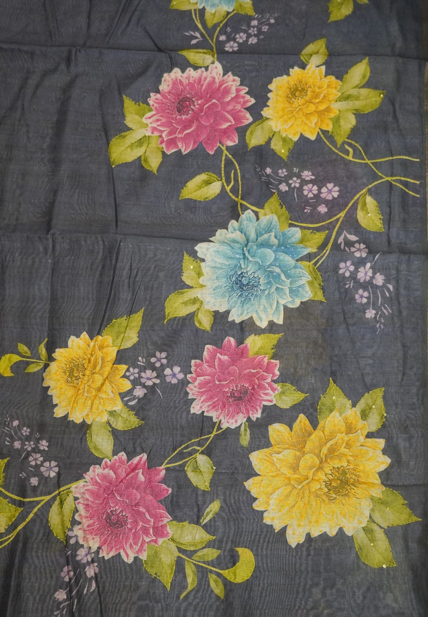 Chanderi Saree-Navy Blue with French Knot and Kantha Work