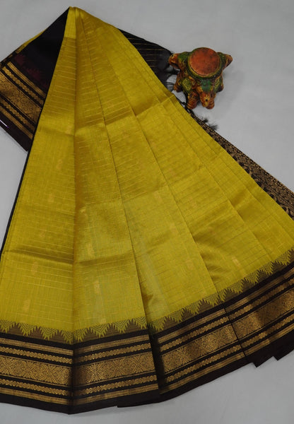 Pure Silk Cotton Saree-Mehandi Green in Golden Zari Checks with Contrast Border