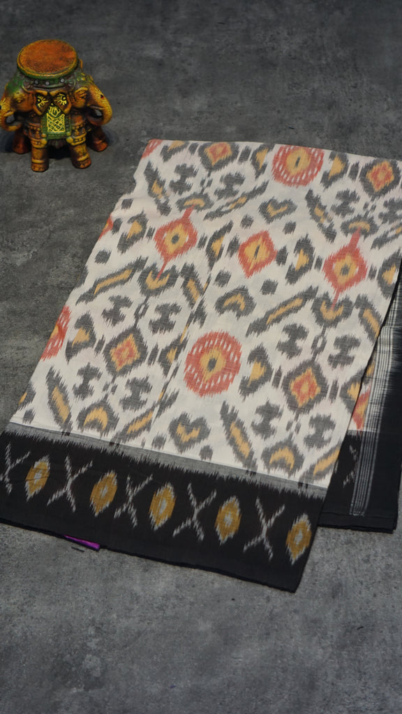 Pochampally Cotton double Ikkat Saree White - Grey
