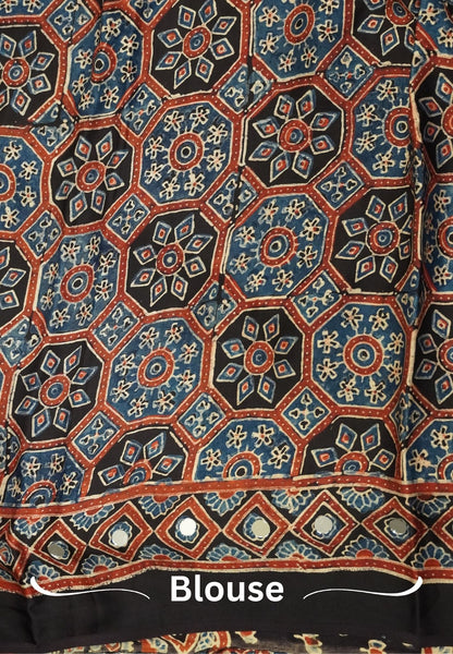 Pure Modal Silk Saree-Original Mirror Work & Ajrakh Printed Motifs