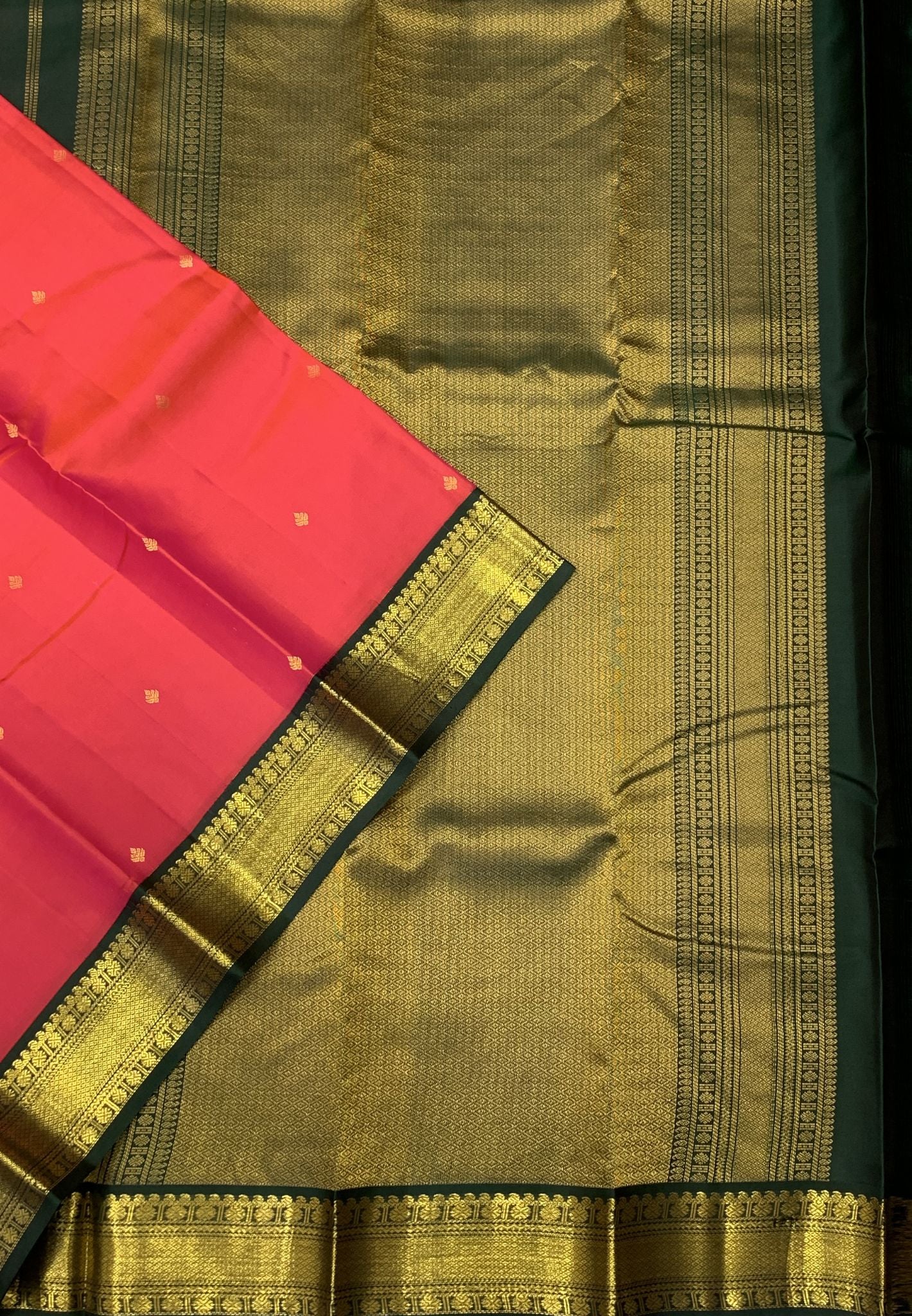 Pure Silk Saree – Pinkish Orange with Green Border